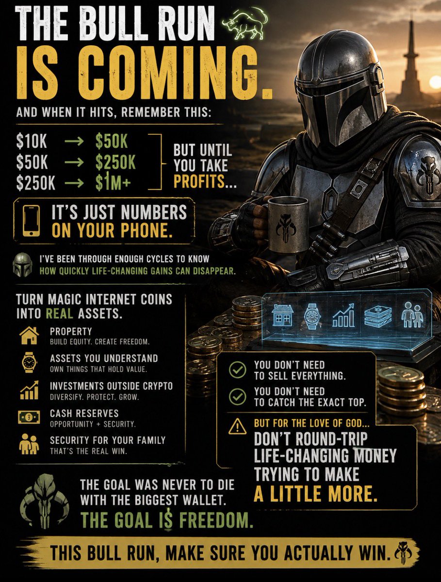 MandoCT's tweet photo. The bull run is coming. 🐂

And I want you to remember something VERY important when everything starts going crazy…

That $10k becomes $50k.

That $50k becomes $250k.

That $250k becomes $1M.

But until you TAKE PROFITS…

It’s just numbers on a phone screen.

I’ve been through enough cycles to know how quickly life-changing gains can disappear.

Turn some of those magic internet coins into REAL assets.

🏠 Property
⌚️ Assets you understand
📈 Investments outside crypto
💰 Cash reserves
👨‍👩‍👧‍👦 Security for your family

You don’t need to sell everything.

You don’t need to catch the exact top.

But for the love of God…

DON’T ROUND-TRIP LIFE-CHANGING MONEY TRYING TO MAKE A LITTLE MORE.

The goal was never to die with the biggest wallet.

The goal is FREEDOM.

This bull run, make sure you actually WIN. 🤝