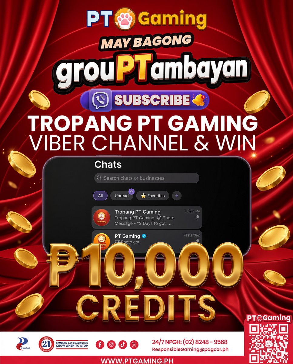 PTGamingph's tweet photo. 🌦️ CREDITS GIVEAWAY 🌦️

Huwag mahuli sa mga pang malakasang gaming updates sa aming VIBER channel!

Paano pumaldo?
1️⃣  Join PT Gaming Official Viber Channel
https://t.co/yqfE9RLPH3
2️⃣ Comment a screenshot photo showing that you've subscribed our PT Gaming Viber channel + User ID + #grouPTambayan at Ii- post ang iyong sagot Tropang PT Gaming Fb group.
3️⃣ Promo Period from Aug 10, 2026 - Aug 13, 2026
4️⃣ 10 lucky winners P1,000 credits each.

Terms and conditions apply:
https://t.co/S6iOFjS6aK

💰 Get ₱3,030 new player bonus & 1.5% unlimited cashback +2% slot return + 100% Loss Rebate
📲 Download now: https://t.co/gkkPuAdx1L

#PTGaming #No1LegitGamingPH #MostExclusiveGamePH