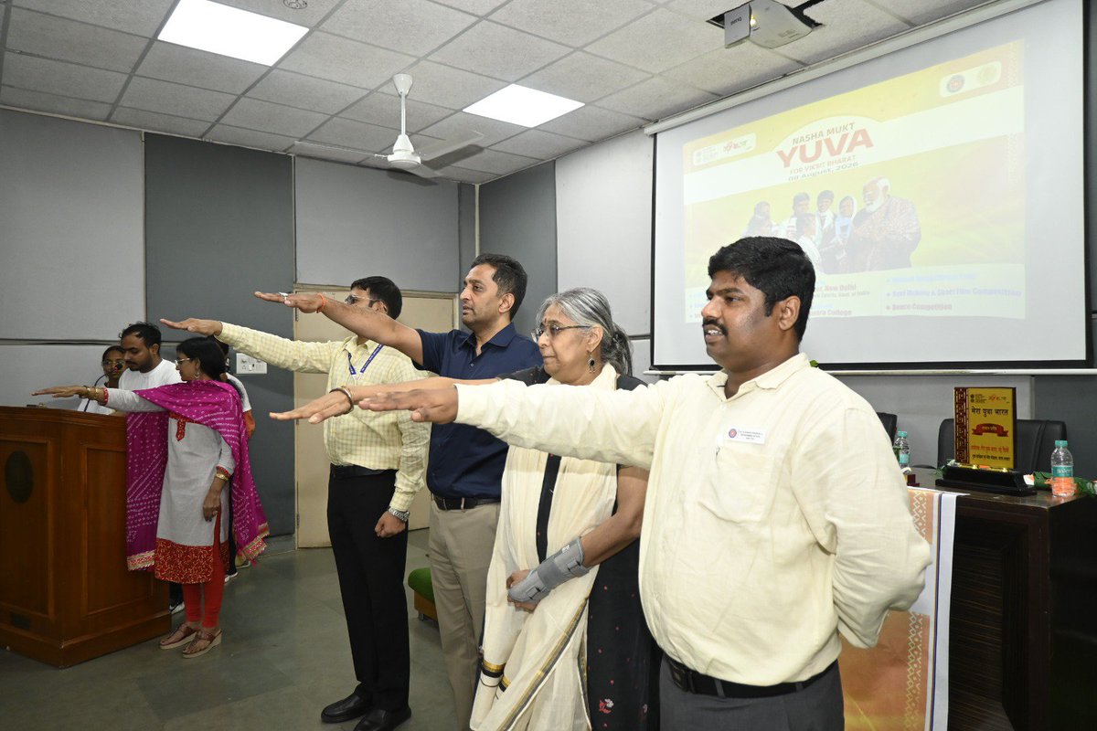 MYBharatND's tweet photo. **MY Bharat District New Delhi** has successfully organised District level event of Nasha Mukt Yuva For Viksit Bharat on 08 August 2026 in collaboration with. **Sri Venkateshwara College, Delhi University.** https://t.co/2z2K7inNvF