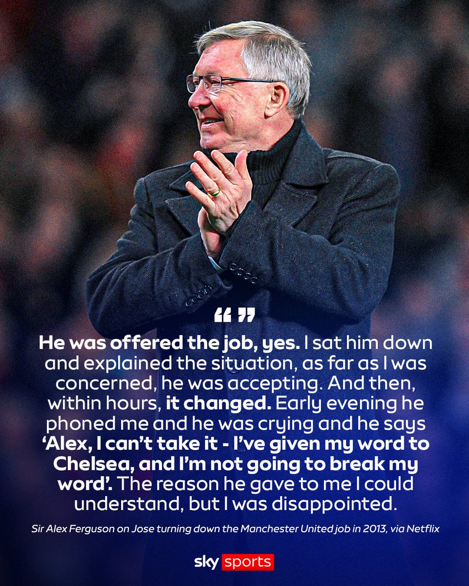 SkySportsPL's tweet photo. Jose Mourinho has revealed he had the opportunity to take over from Sir Alex Ferguson at Manchester United in 2013 but had to turn it down as he had given his word to Chelsea 😮 https://t.co/nmEsj7Paf3