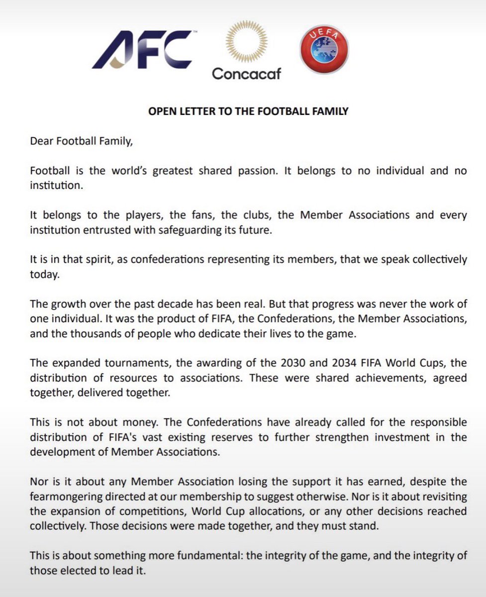 henrywinter's tweet photo. Gianni Infantino surely cannot survive as FIFA president now. UEFA, AFC and CONCACAF have begun preliminary discussions about the possibility of organizing competitions among themselves to ensure that players can continue to compete - such as in the Women’s Under-20s World Cup which starts in less than a month - and are not impacted by the ongoing crisis surrounding Gianni Infantino. 

The message from the three confederations to Infantino is very clear. He is being given the opportunity to resign and leave his position with dignity. He has the opportunity to go now and should not seek re-election in March. Because the pressure, the heat and the headlines are not going away. Change has to come. Infantino has to go.