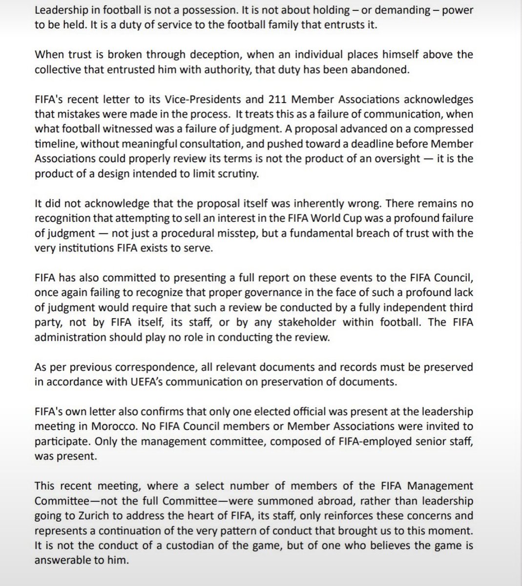 henrywinter's tweet photo. Gianni Infantino surely cannot survive as FIFA president now. UEFA, AFC and CONCACAF have begun preliminary discussions about the possibility of organizing competitions among themselves to ensure that players can continue to compete - such as in the Women’s Under-20s World Cup which starts in less than a month - and are not impacted by the ongoing crisis surrounding Gianni Infantino. 

The message from the three confederations to Infantino is very clear. He is being given the opportunity to resign and leave his position with dignity. He has the opportunity to go now and should not seek re-election in March. Because the pressure, the heat and the headlines are not going away. Change has to come. Infantino has to go.