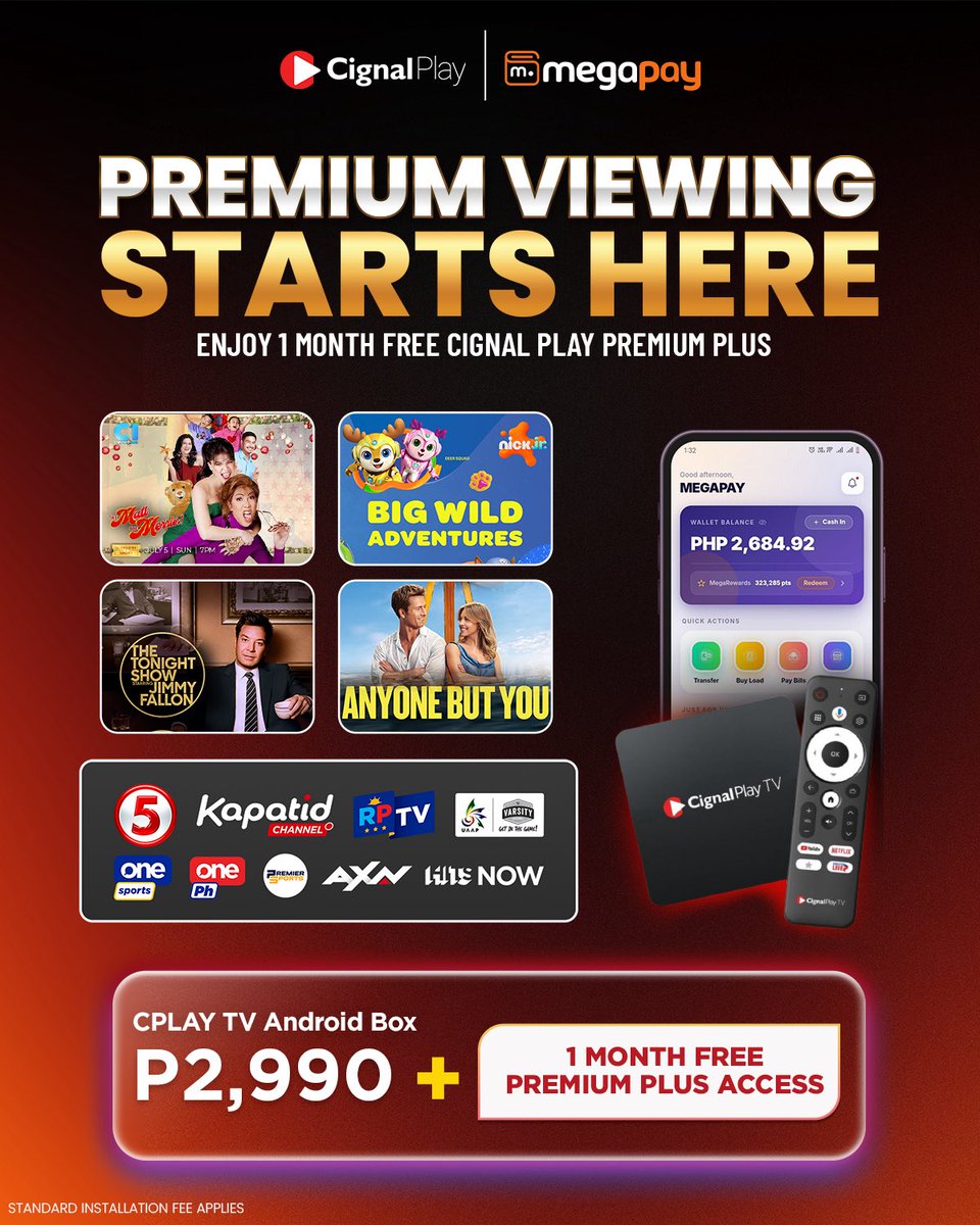 CignalPlay's tweet photo. PREMIUM VIEWING STARTS HERE!

Level up your entertainment with the CignalPlay TV Android Box! 

Get your CPlay TV Android Box for only ₱2,990 and enjoy 1 MONTH FREE Cignal Play Premium Plus Access! 🎉 https://t.co/OYSKiSr6pq