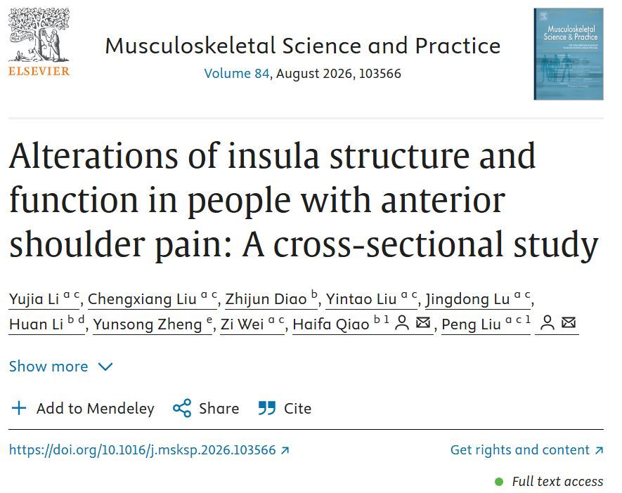 MSKPhysioJnl's tweet photo. Could persistent shoulder pain begin to reshape the brain? According to this recent study, persistent shoulder pain is not solely a peripheral tissue problem. 
Anterior shoulder pain is often viewed as a local musculoskeletal condition. This innovative neuroimaging study suggests the story may be far more complex.

Using structural and functional MRI, researchers identified alterations in the anterior insula, a brain region central to pain perception, salience detection and sensorimotor integration, in people with anterior shoulder pain. 

Read about this interesting study here: https://t.co/fqPSLdwaLJ 

#Anterior shoulder pain #Insula #Sample entropy #Structural covariance #Functional connectivity #Magnetic resonance imaging