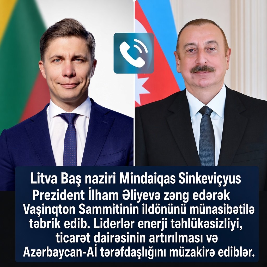 MEBOEMZ's tweet photo. Litva Baş naziri Mindauqas Sinkeviçyus Prezident İlham Əliyevə zəng edərək Vaşinqton Sammitinin ildönümü münasibətilə təbrik edib. Liderlər enerji təhlükəsizliyi, ticarət dövriyyəsinin artırılması və Azərbaycan-Aİ tərəfdaşlığını müzakirə ediblər. #İlhamƏliyev #Litva #Azərbaycan https://t.co/aGpdOVBcX7