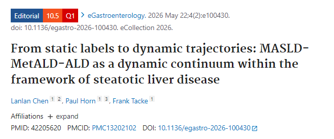 eGastro_BMJ's tweet photo. 📢 New Editorial in #eGastroenterology
🔄 Dr Lanlan Chen, Dr Paul Horn and Prof. Frank Tacke highlight that #MASLD, #MetALD and #ALD should be viewed as a dynamic continuum rather than static diagnostic labels.
🎯 Longitudinal reassessment, objective alcohol measurement and fibrosis-based risk stratification could better reflect disease trajectories and guide personalised management.
🔗 Explore the article: https://t.co/stqDPQs5x5
#LiverDisease #SteatoticLiverDisease #Hepatology #AlcoholRelatedLiverDisease