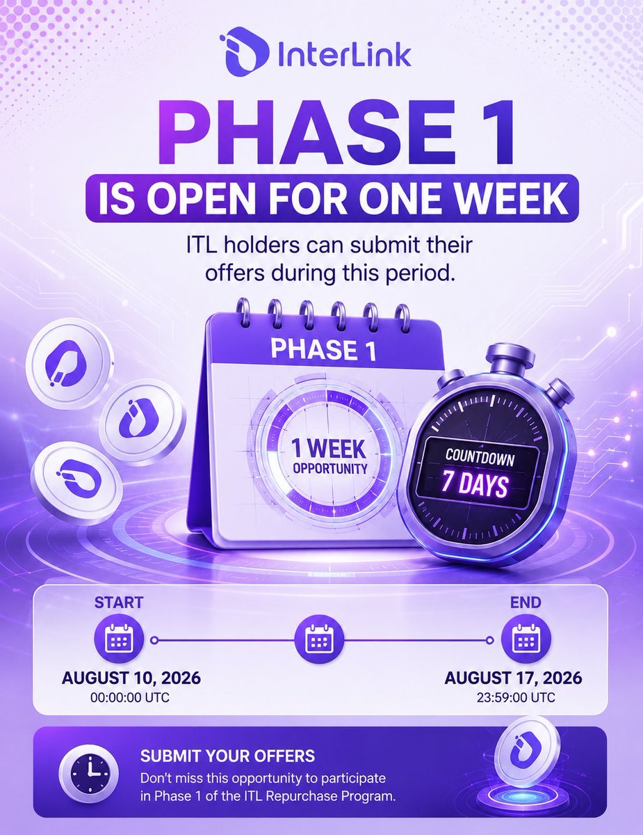 Phanny2222's tweet photo. InterLink's Phase 1 of the ITL Repurchase Program is open for ITL holders to submit their offers for one week, running from August 10, 2026, at 00:00:00 UTC to August 17, 2026, at 23:59:00 UTC.

​#InterLink #ITLG #ITL
#WeAreTheFirst10MLinkers https://t.co/Sk9UhckSwk