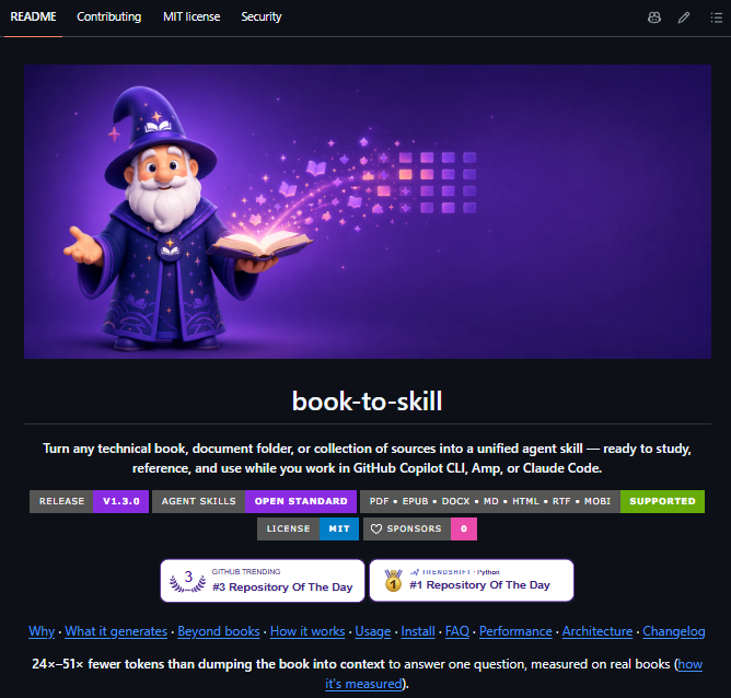 TheTechDiggest's tweet photo. [OpenSource - AI Agent Skills & Knowledge Management]

Dumping entire technical books or massive PDFs into your AI agent's context window wastes thousands of tokens and leads to constant hallucinations. 🛑

book-to-skill (19.6K+ GitHub stars) is a powerful open-source tool that instantly converts any book or document into a structured, on-demand AI Agent Skill.

Here is how this tool upgrades your AI from just "reading a book" to actually using it in your daily workflow. 🧵👇

1/4