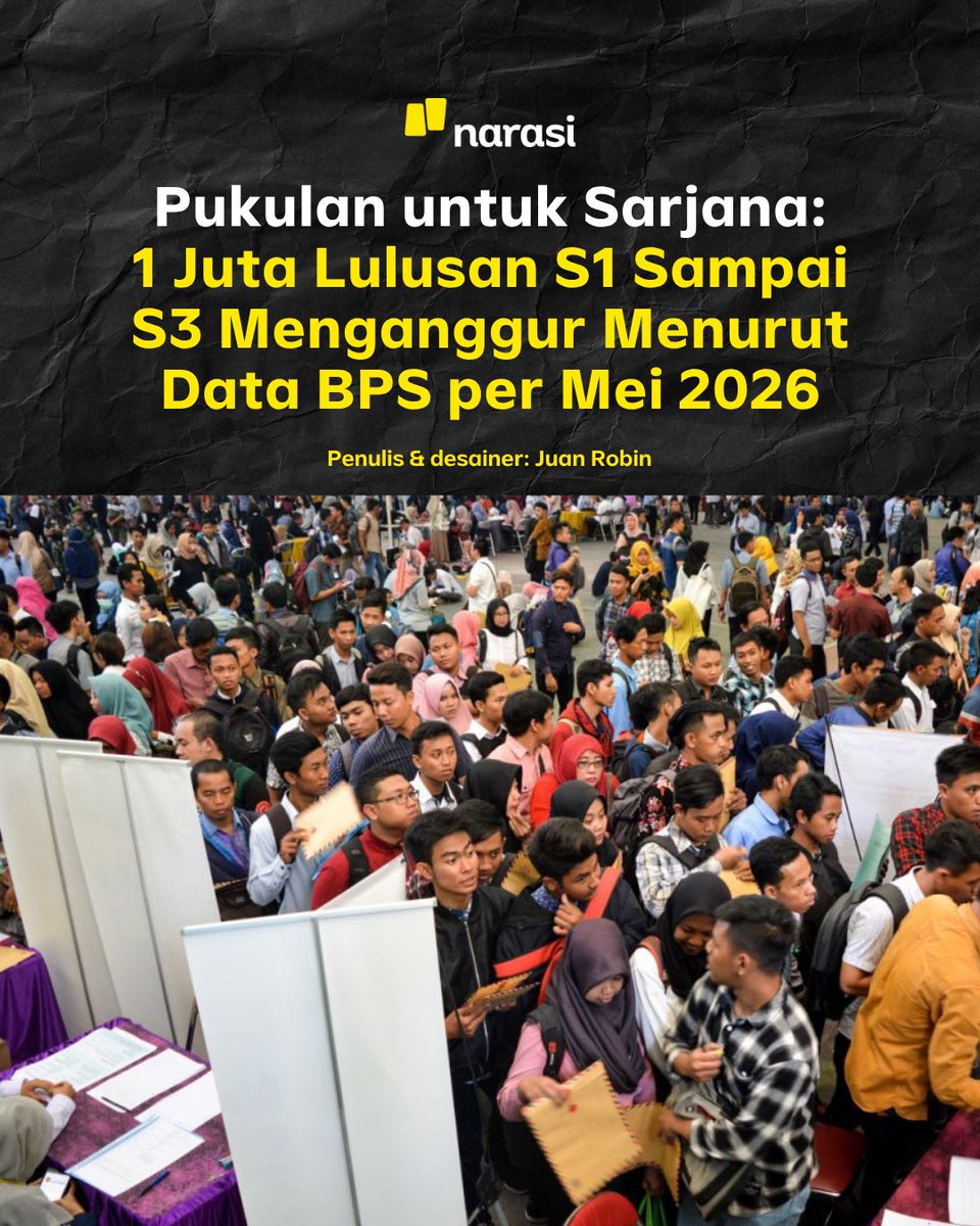 NarasiNewsroom's tweet photo. Jutaan sarjana Indonesia masih menganggur, menurut Survei Angkatan Kerja Nasional (Sakernas) Mei 2026 oleh Badan Pusat Statistik (BPS).

Bagaimana temuan detail dari BPS? Dan apa langkah yang diambil pemerintah? Geser slide-nya sampai habis, ya.

| Narasi Daily https://t.co/jmQeQ3Dv8B