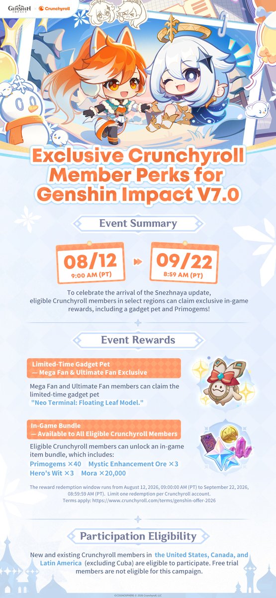 GenshinImpact's tweet photo. The Genshin Impact × @Crunchyroll collab will kick off alongside Genshin Impact Version 7.0 on August 12!
#GenshinxCrunchyroll #NowSnezhnaya #GenshinImpact 

An invitation from Paimon and Hime...
What new discoveries await in the land of Cryo? Let's head to Snezhnaya together! ❄️ https://t.co/WBIeoWBPcq