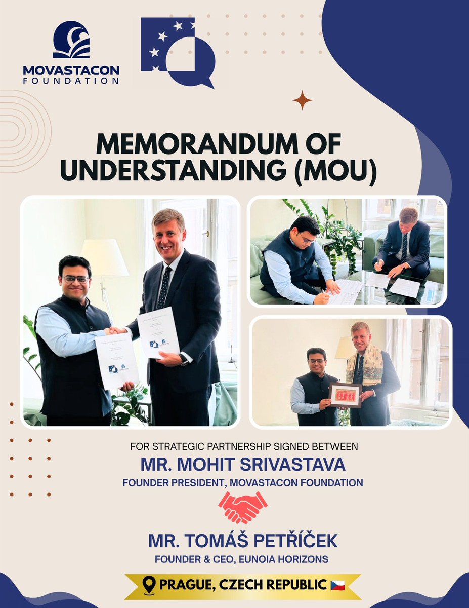 Movastacon's tweet photo. Signed MoU for Strategic Partnership between Movastacon Foundation and Eunoia Horizons  

Sincere regards to Mr. @TPetricek, Former Minister of Foreign Affairs of the Czech Republic and Founder &amp; CEO, Eunoia Horizon 

@IndiainCzechia @movastacon_org @CZinNewDelhi #IndiaCzech https://t.co/EgbObnWE7q