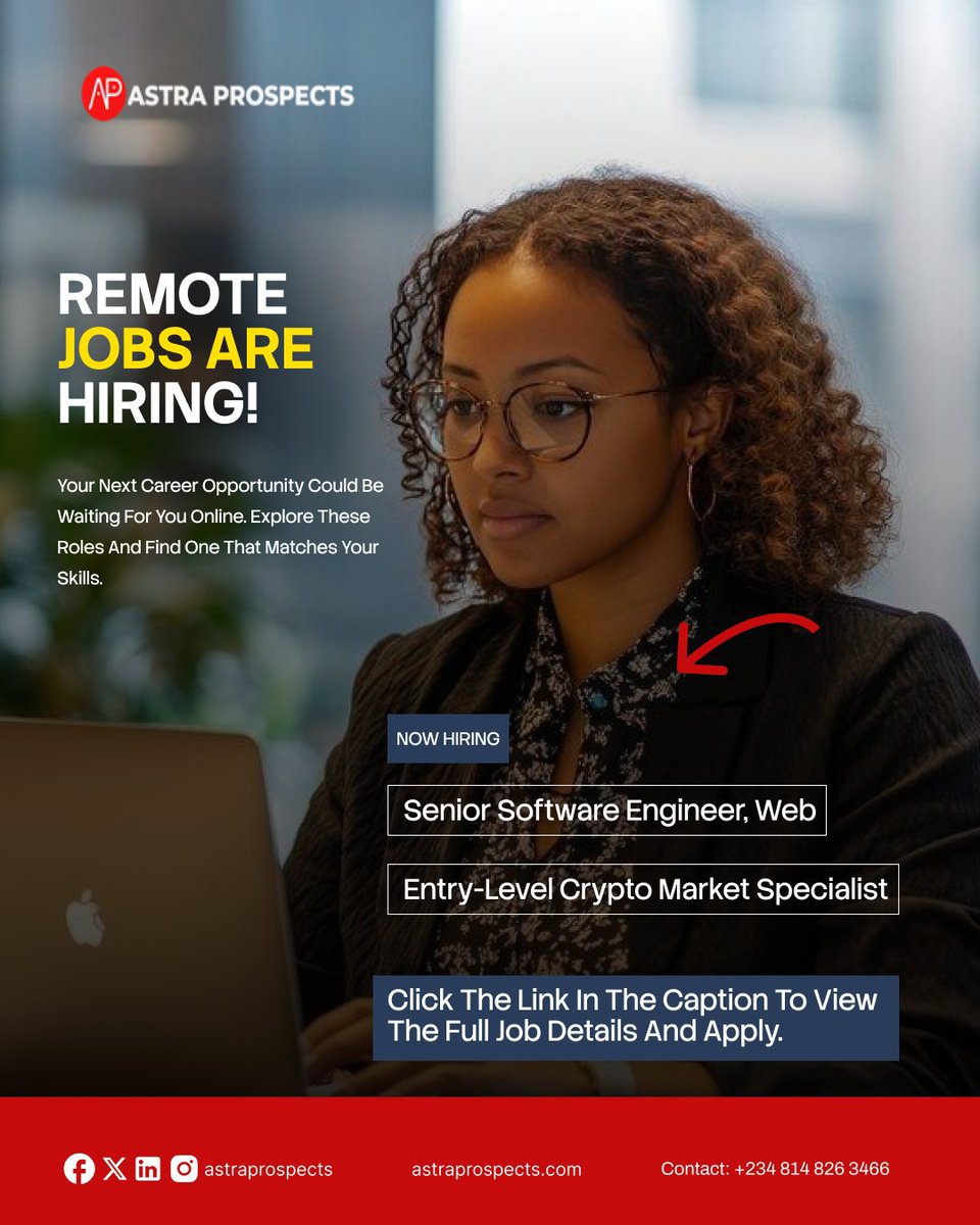 BenoStudios's tweet photo. Astra Projects is hiring ‼️

- Senior Software Engineer, Web 
Link 🔗 https://t.co/rjILrDErmN

- Entry Level Crypto Market Specialist 
Link 🔗 https://t.co/XcDKyY0TnI

📍 Remote https://t.co/1Oq50RR1Jm