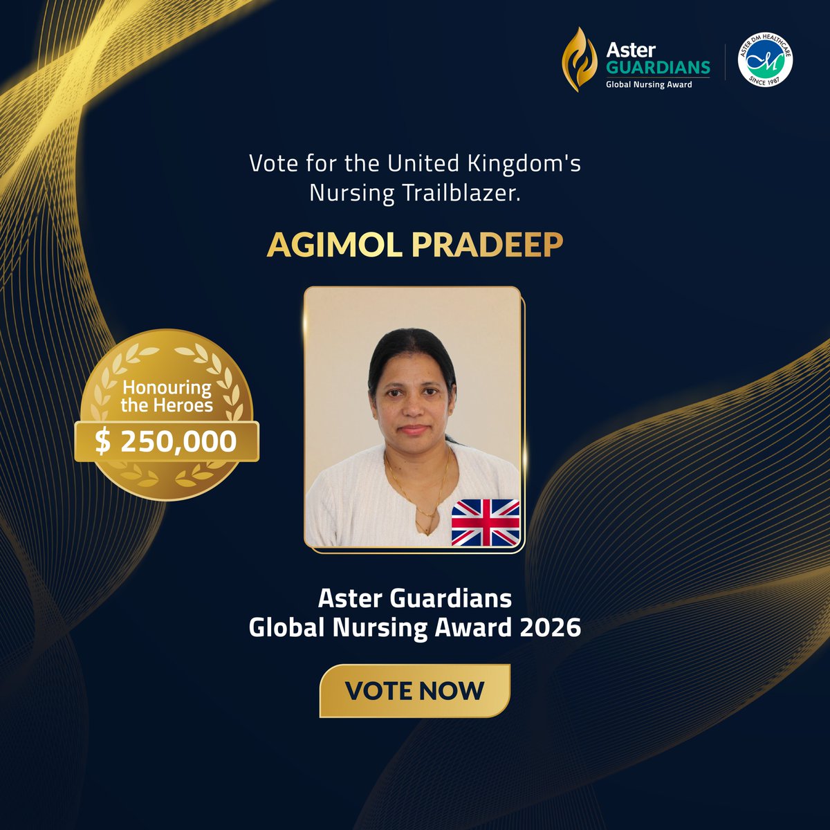 AsterGuardians's tweet photo. Agimol Pradeep has influenced UK nursing policy, helped over 10,000 internationally educated nurses regain registration, and has also advanced organ donation among minority communities.

Her work proves that nursing can create change far beyond the bedside.

Vote for Agimol Pradeep and support her journey.

Vote now: https://t.co/5kH6LTOBOS