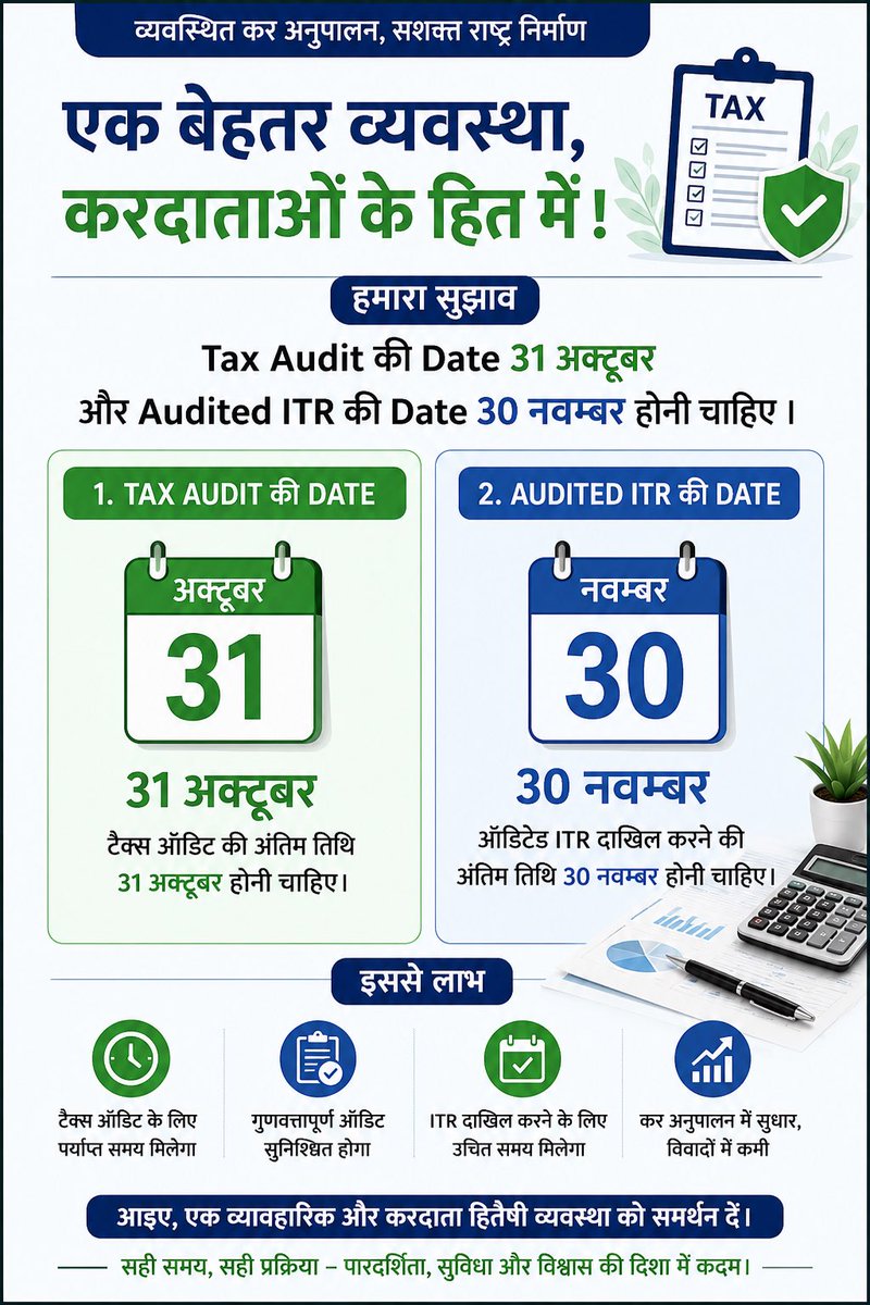 Sudhirhalakhndi's tweet photo. एक सुझाव - Tax Audit की date 31 अक्टूबर और Audited ITR की Date 30 नवम्बर होनी चाहिए ।
आपकी क्या राय है ? https://t.co/bSjCNvP9lf