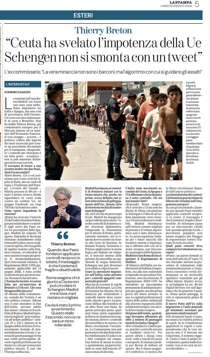 ThierryBreton's tweet photo. The real threat at our borders may no longer be boats — but algorithms steering the assault.

A Facebook group, a TikTok loop… and the border gives way.

Schengen cannot be dismantled with a mere social media post.

My interview in @LaStampa 🇮🇹👇

https://t.co/jjyrC0pG2s https://t.co/jyafaiNn7G