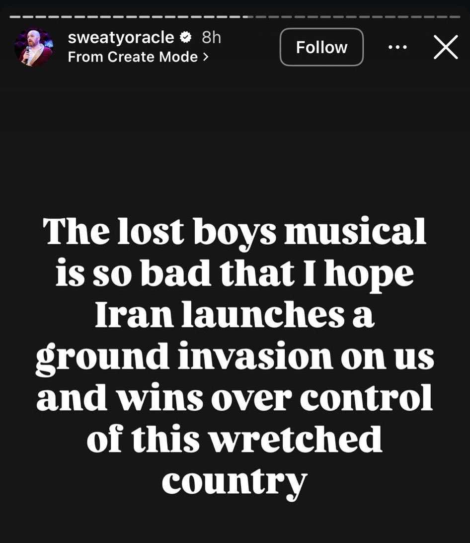 ohmyenchantress's tweet photo. SO calling eva noblezada a bully because she called him out when he posted some insane stories about the lost boys. this is the only one i could find and yeah she should've been meaner actually. how insane do you gotta be to post something like this over a musical you didn't like https://t.co/9pDO3hQGEt