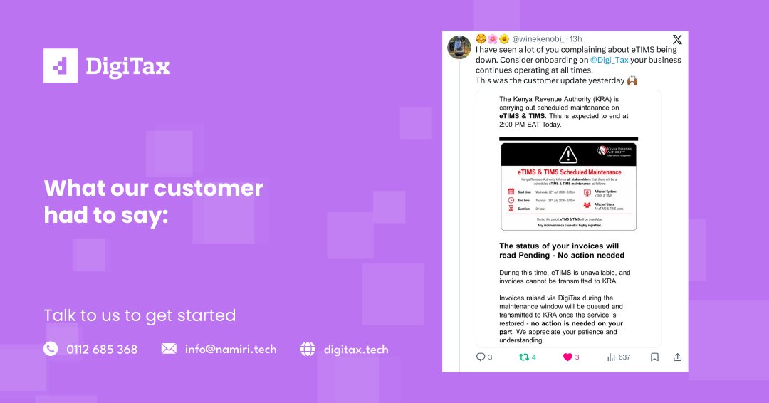 DigiTax_Tech's tweet photo. π°πͺ When #eTIMS is down for maintenance, most businesses stop invoicing. But #DigiTax customers keep going.
Raised Invoices & credit notes are queued automatically then synced to KRA the second eTIMS came back online.
Hear it straight from a customer π https://t.co/T8xmLuRkNW