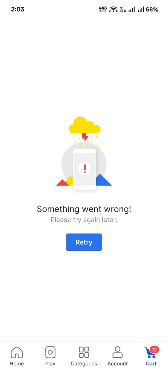 sahildotdev's tweet photo. My cart is showing 12 items, but whenever I try to open it, I get a 'Something went wrong' error and it won't load. Please fix this bug so I can view and manage my cart."
@Flipkart https://t.co/QarimEnj4I