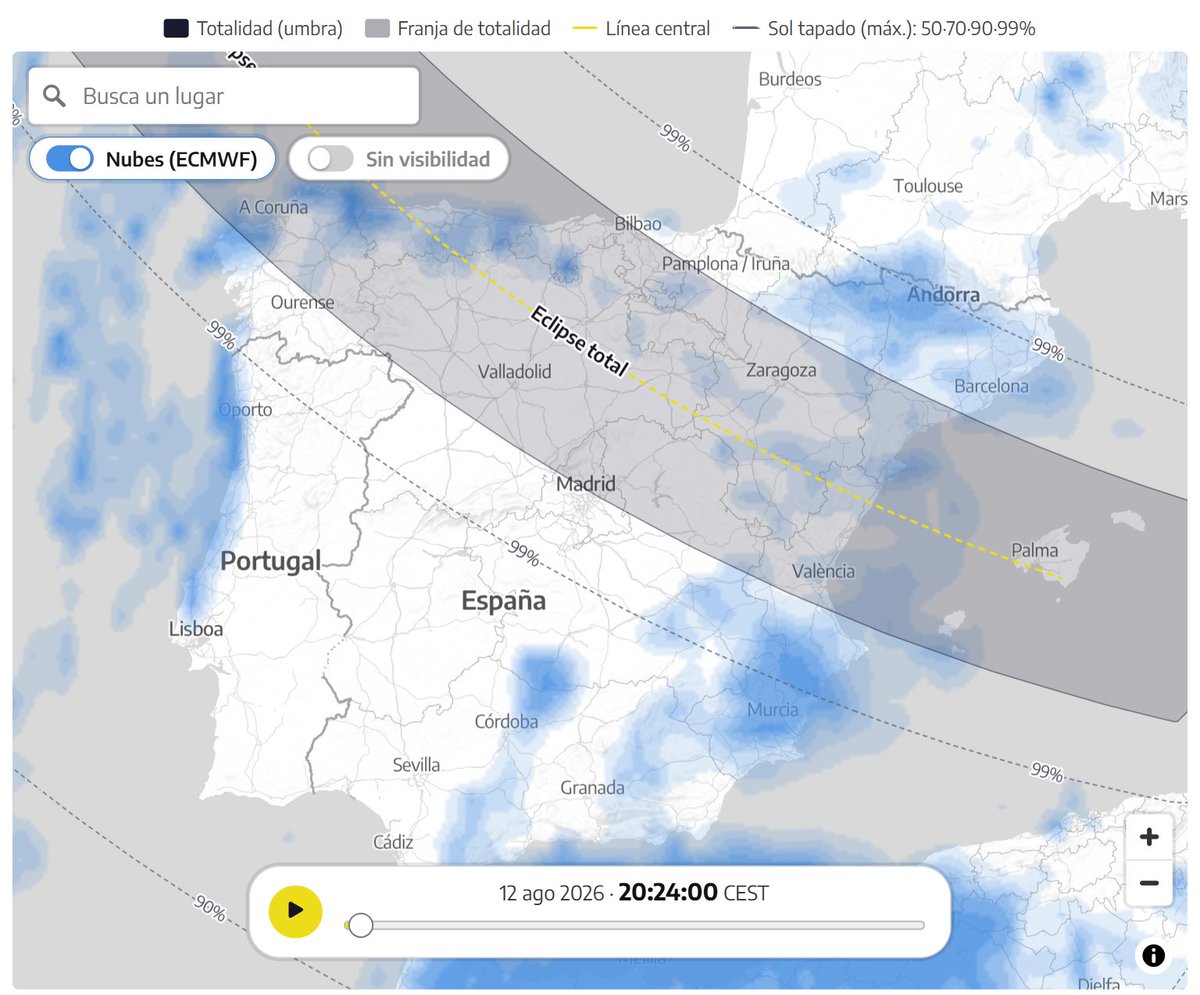 raulsanchezglez's tweet photo. ☁️🌘 ACTUALIZACIÓN 10-AGOSTO

A dos días del eclipse total, el pronóstico de nubosidad se estabiliza.

El principal: @ECMWF (que tb usa AEMET). Sigue el centro y meseta despejados. Pero hay posibles nubes en el Cantábrico, el NE y el Mediterráneo. https://t.co/q5FUQcBjSN