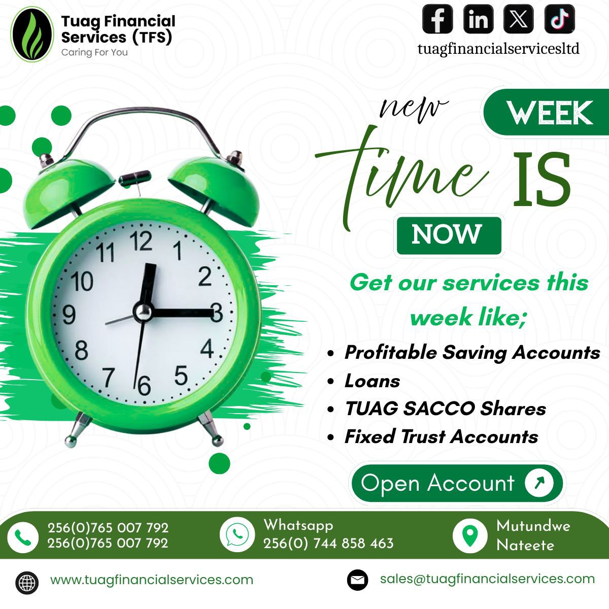 Tuagfinance's tweet photo. New week, new opportunity to make smarter financial moves. 💚

Save, access flexible loans, explore TUAG SACCO shares or open a Fixed Trust Account with TUAG Financial Services.

WhatsApp: https://t.co/rHh89H6zFe

#TUAGFinancialServices #Savings #Loans #Uganda https://t.co/RTuedL37gG