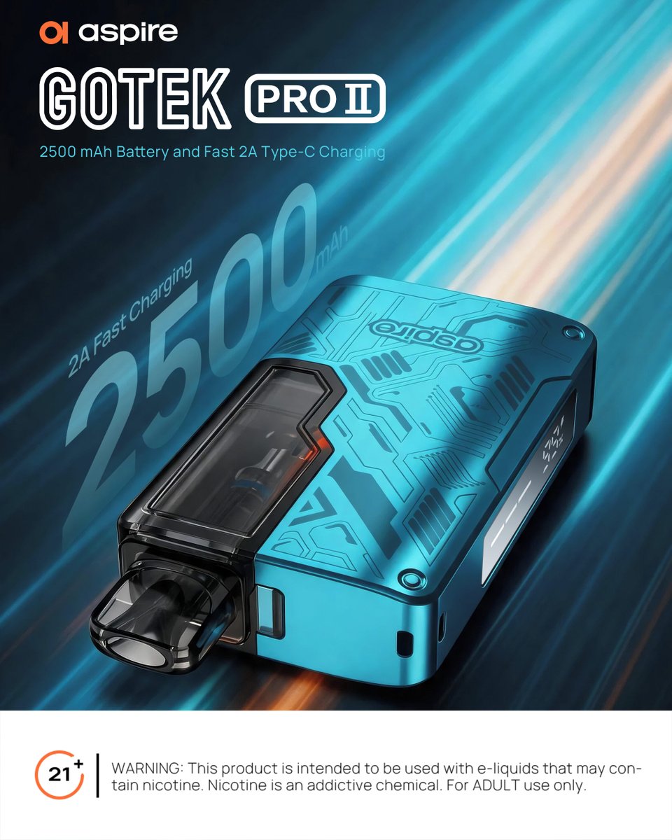 aspirecigs's tweet photo. 2500mAh enduring power core🔋
Free you from battery anxiety✨
2A rapid charging for instant vitality⚡
All-day premium vaping with Gotek Pro II💨
#Aspirecigs #AlwaysAspire #GotekProII #Aspiretech #AlwaysAspire
Warning: For 21+ Adults Only! https://t.co/SPujcENwmI