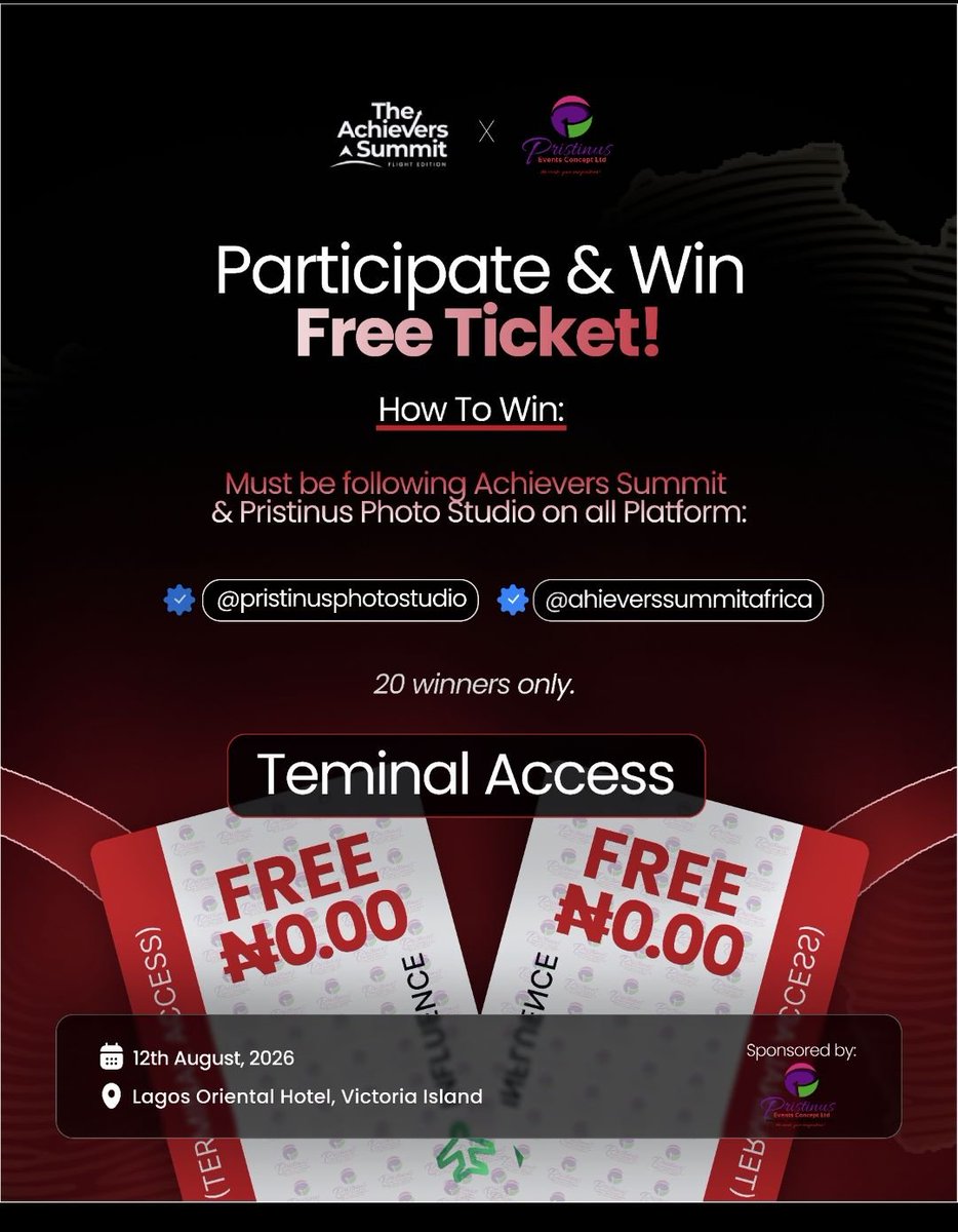 achieversummit's tweet photo. 🎉 20 FREE Achievers Summit 2026 tickets!

Courtesy of @pristinusphotostudio.

Follow @achieverssummitafrica &amp; @pristinusphotostudio, comment “DONE”, and check your DMs for your promo code.

📅 Aug 12 | 📍 Oriental Hotel, Lagos

#AchieversSummit2026 #FreeTicket https://t.co/AlAY5Lc3Q3