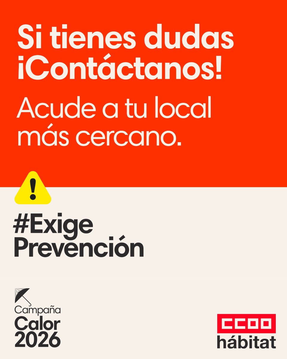 CCOOHabitat_AN's tweet photo. Desde CCOO del Hábitat lo tenemos claro: si tu cuerpo da señales de alarma, la prioridad es protegerte.

Y si la empresa no garantiza medidas adecuadas, hay que exigirlas.📍

@CCOO_Habitat https://t.co/nXYAKf7Z8G