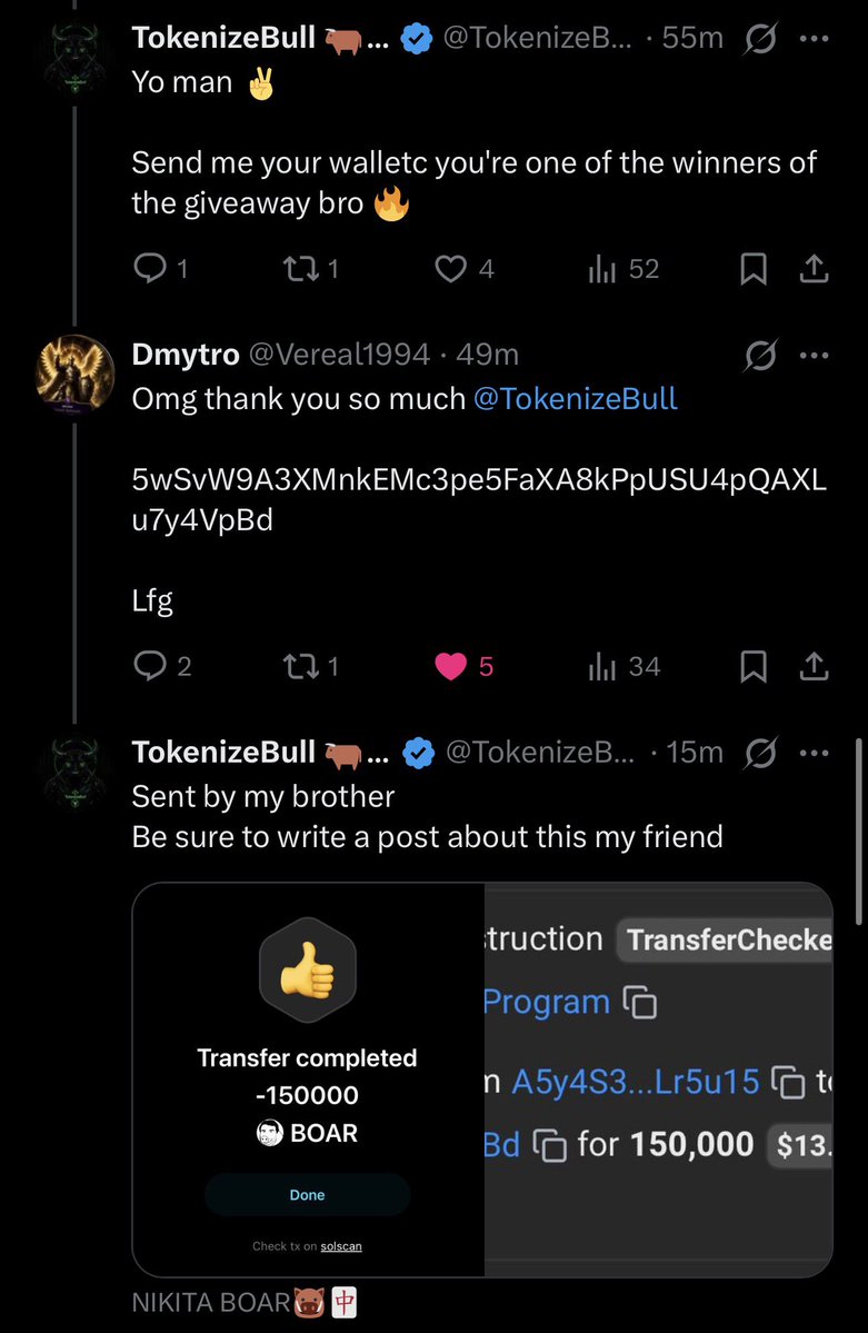 TokenizeBull's tweet photo. Hey Boars 🐗 As promised, I've split up the airdrop I received from @NikitaBoarCTO and based on the results of the giveaway, I've selected the following winners: @Verael1994 and @cryptoriskhunt 🏆🙌

Congratulations guys! Stay active in the $BOAR project and make the most of your tokens, they have great growth potential, and together we’ll make this happen by following @blknoiz06 and taking a cue from him 🀄️

@nikitabier It's time for you to join in too 🐗

Well @NikitaBoarCTO and I will continue to build and scale Ansem's mission 🐂🀄️

$ANSEM $BOAR $SOL 🫡