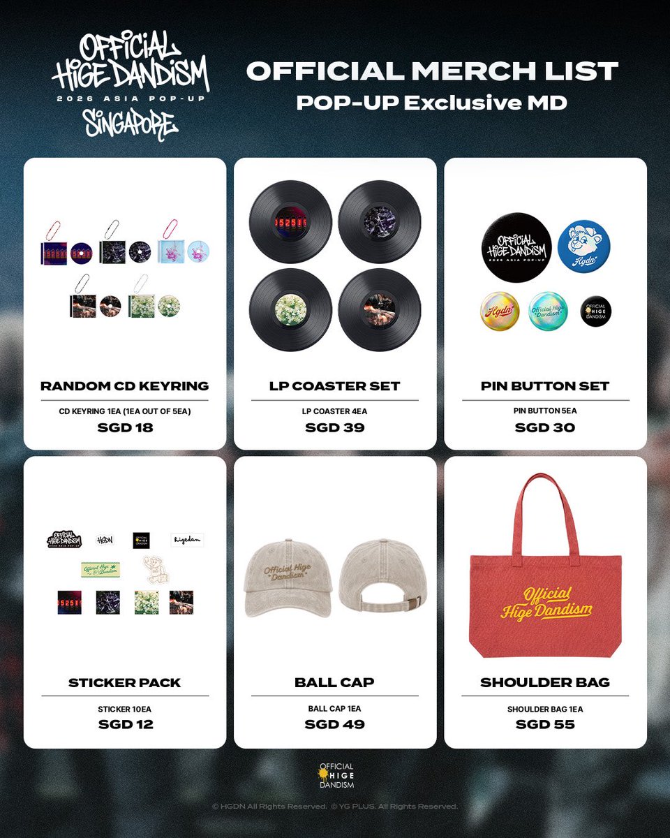 officialhige's tweet photo. 【POP UP in SINGAPORE】
━━━━━━━━━━━━━━━━
　　OFFICIAL HIGE DANDISM
　　　　ASIA TOUR 2026
━━━━━━━━━━━━━━━━

The official merchandise lineup for the Singapore POP UP has been revealed!

🗓️ AUG. 15–23, 2026
📍 SUPER RARE, 313@Somerset #04-30/31

🔗 Details
https://t.co/WPKGL5DKHC