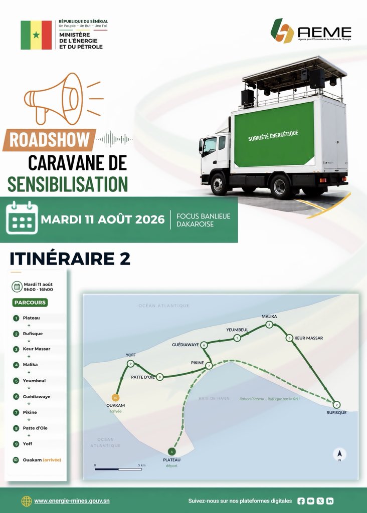 Mepsenegal's tweet photo. #CaravaneSobriétéÉnergétique | L’énergie, utilisons-la mieux !
📍 10 & 11 août : la caravane du #MEP et de l’#AEME sillonne Dakar et sa banlieue.
Comprendre nos consommations, agir sur nos dépenses, préserver notre avenir.
🔗 https://t.co/8MEAkqBoeQ
#Sénégal2050 https://t.co/k62JIsE79g
