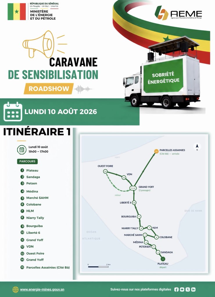 Mepsenegal's tweet photo. #CaravaneSobriétéÉnergétique | L’énergie, utilisons-la mieux !
📍 10 & 11 août : la caravane du #MEP et de l’#AEME sillonne Dakar et sa banlieue.
Comprendre nos consommations, agir sur nos dépenses, préserver notre avenir.
🔗 https://t.co/8MEAkqBoeQ
#Sénégal2050 https://t.co/k62JIsE79g