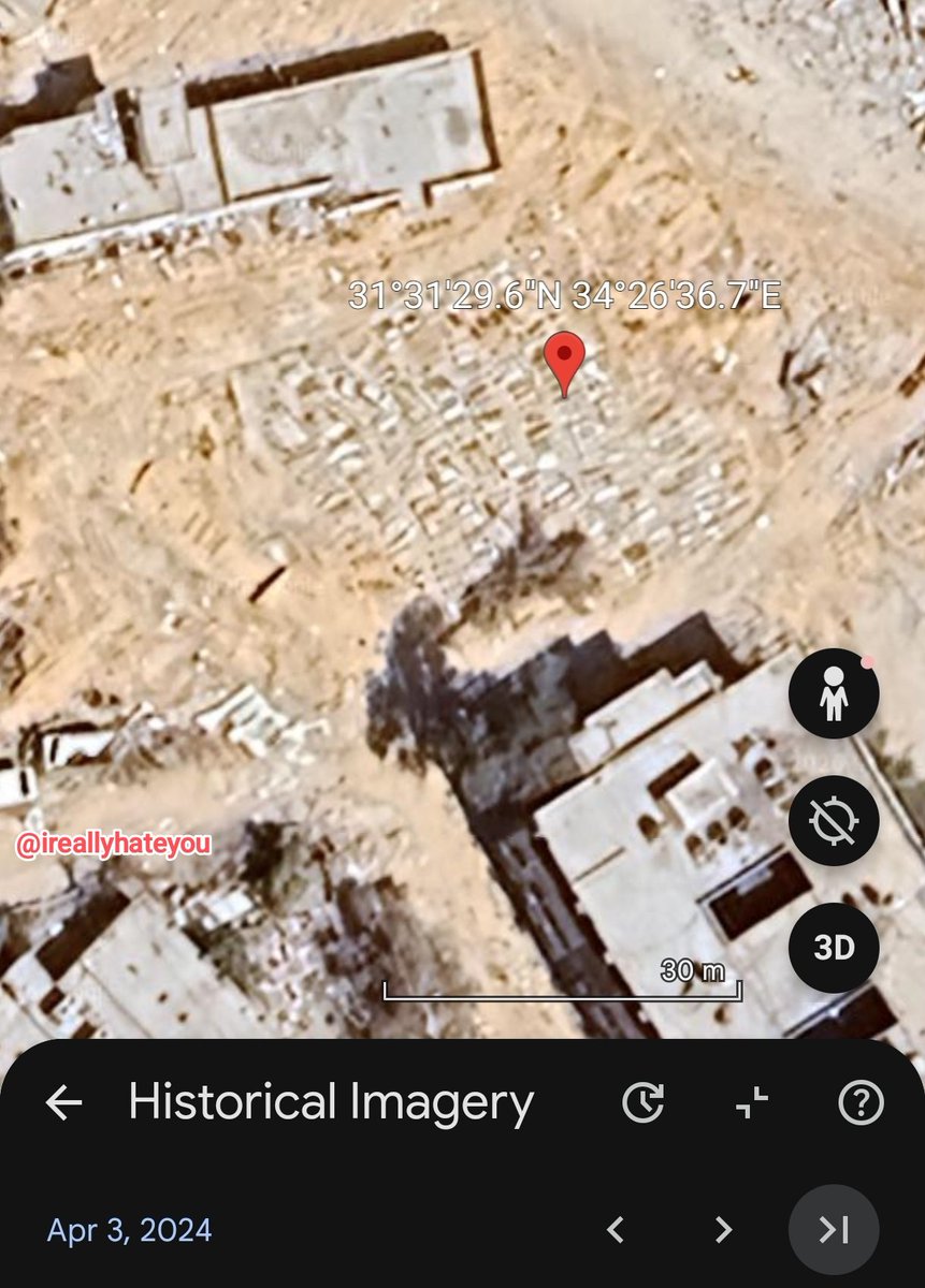 ireallyhateyou's tweet photo. HORRIFIC: Google Earth satellite footage from 3 April, 2024, right after the second Israeli raid on Al-Shifa Hospital in Gaza, appears to show a mass grave right next to the hospital, with dozens and possibly hundreds of bodies of Palestinians slaughtered by the IDF. https://t.co/0PfdSUTAA9