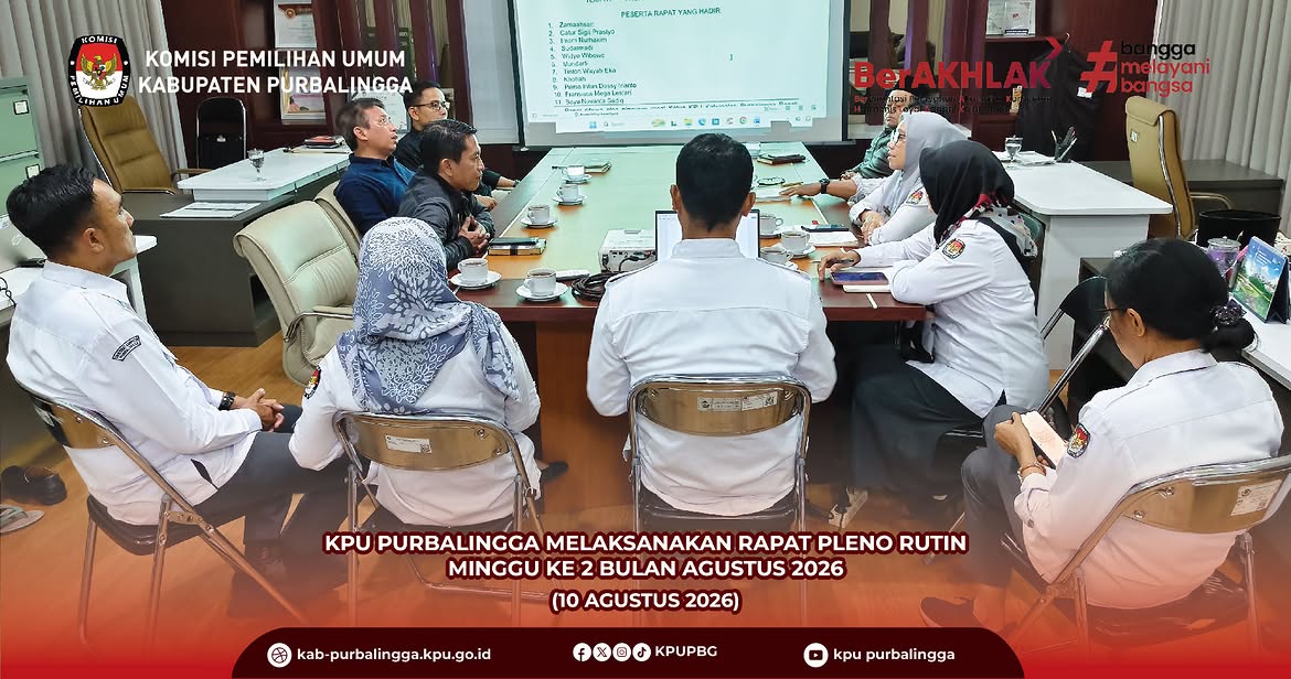 KPUPBG's tweet photo. #temanpemilh Senin, 10 Agustus 2026 KPU Kabupaten Purbalingga mengadakan Rapat Pleno Rutin untuk membahas agenda kegiatan berikutnya. Bertempat di Kantor KPU Kabupaten Purbalingga. Rapat pleno dipimpin oleh Ketua KPU Kabupaten Purbalingga Zamaahsari, S.IP.,M.IP https://t.co/ZyOyTjfHf7