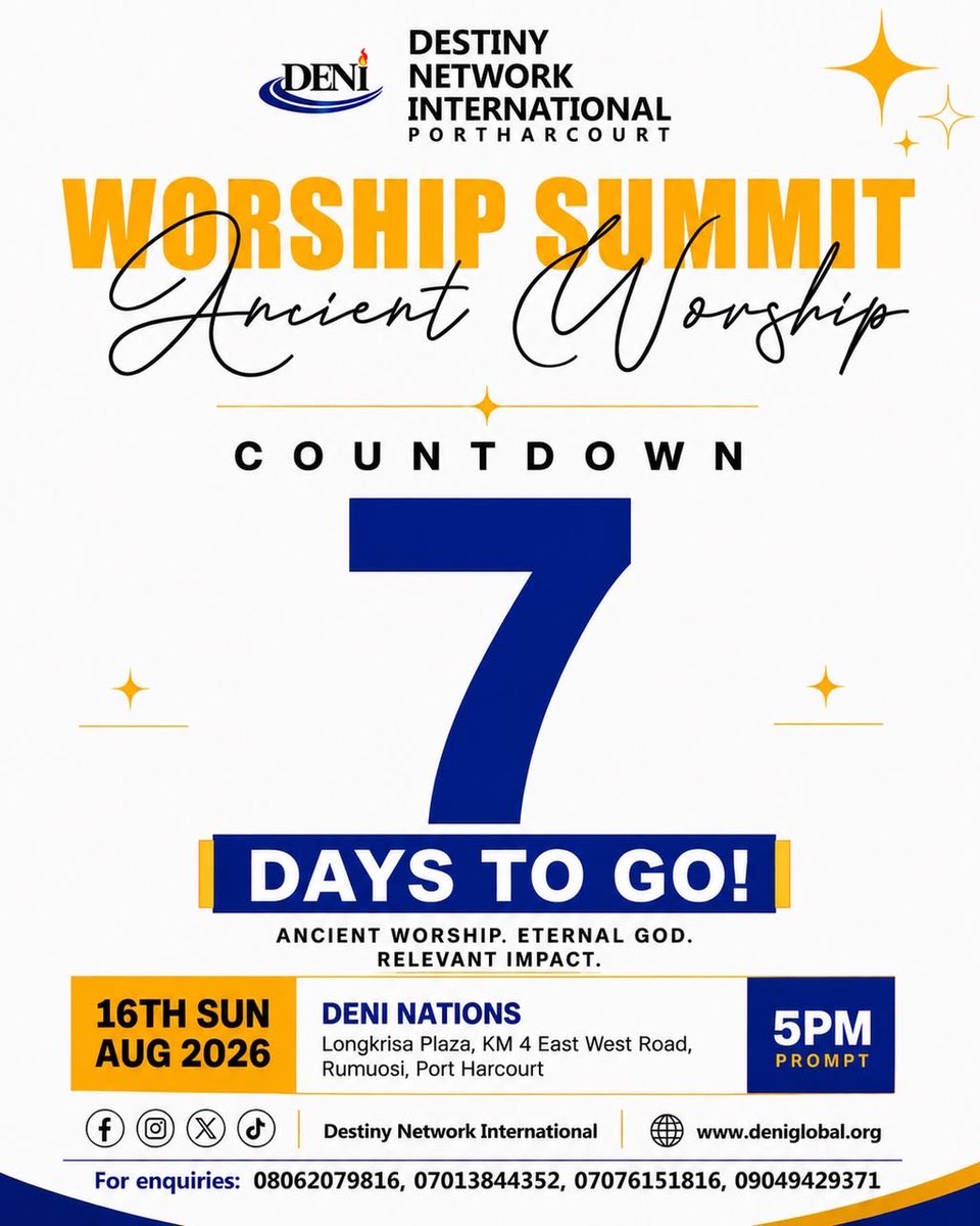 deninations's tweet photo. 🔥 7 DAYS TO GO! 🔥
Get ready for an atmosphere where hearts are lifted, voices unite, and worship becomes a pathway into the presence of God. 🙏🏽🔥This is more than a gathering—it is a call back to ancient worship
7 DAYS TO GO! Are you ready? 🔥
#WorshipSummit2026 #DeniGlobal https://t.co/OK71Ia4wow