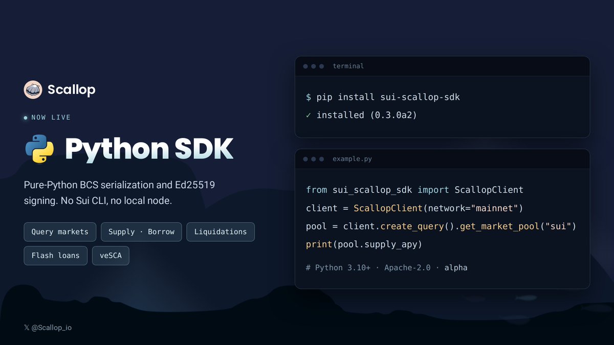 Scallop_io's tweet photo. Introducing the Scallop Python SDK 🐍

Query markets. Build and sign transactions. Supply, borrow, liquidate, run flash loans and manage veSCA on Scallop all from Python.

No Sui CLI or local node required.

pip install sui-scallop-sdk

Start building: https://t.co/OTI4EHUaA9