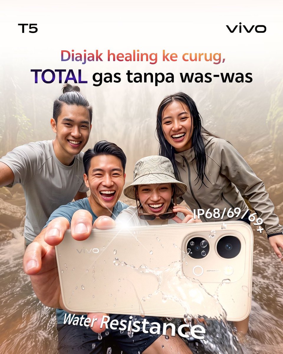vivo_indonesia's tweet photo. Udah siap belum…? Basah-basahan bawa HP ke curug 🤭

Kalau pakai #vivoT5Series, main air gak perlu overthinking karena udah punya IP68/IP69 Water Resistance!

Checkout sekarang yuk sebelum basah-bahasan 😁🏃🏻

https://t.co/pijOLicMT2 https://t.co/I3jK8jtjzZ