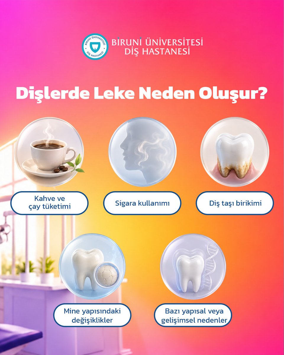 BiruniDis's tweet photo. Dişlerde görülen renk değişiklikleri her zaman çürük kaynaklı olmayabilir. Günlük alışkanlıklar, diş taşı birikimi veya mine yapısındaki farklılıklar da leke oluşumuna neden olabilir.

Lekenin nedenini doğru belirlemek, uygun tedavi planının oluşturulması açısından önemlidir. https://t.co/UgMeQ9qQPM