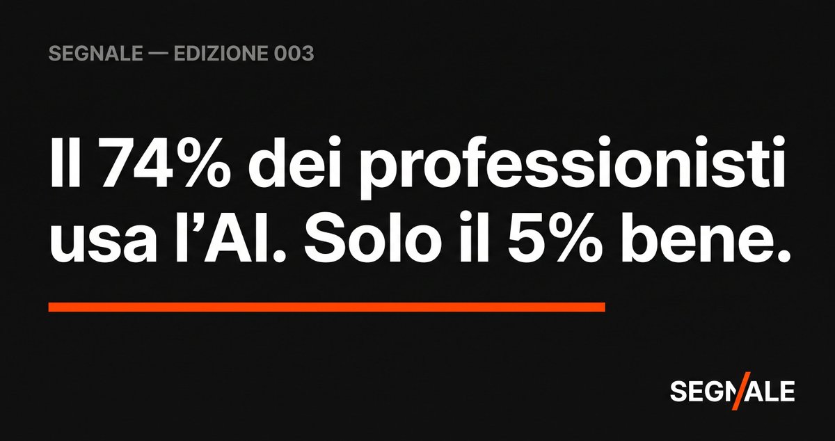 segnaleit's tweet photo. Il 74% dei professionisti usa l'AI ogni settimana. Solo il 5% produce risultati che i clienti considerano davvero migliori. Non è un problema di strumenti. È un problema di metodo. 📩 https://t.co/Hdf4RiQbRg https://t.co/P86HMBPk8s