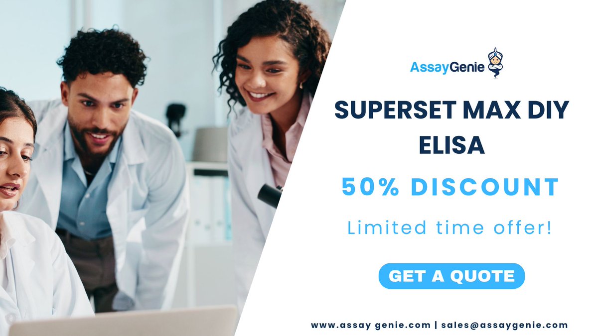 AssayGenie's tweet photo. One SuperSet Max kit runs five 96-well plates — capture and detection antibodies, recombinant standard, HRP conjugate. You supply the buffers.
200+ targets, 50% off until 23 Aug: https://t.co/O9hChpxYXj
#ELISA #AssayDevelopment https://t.co/AXw1LUB789