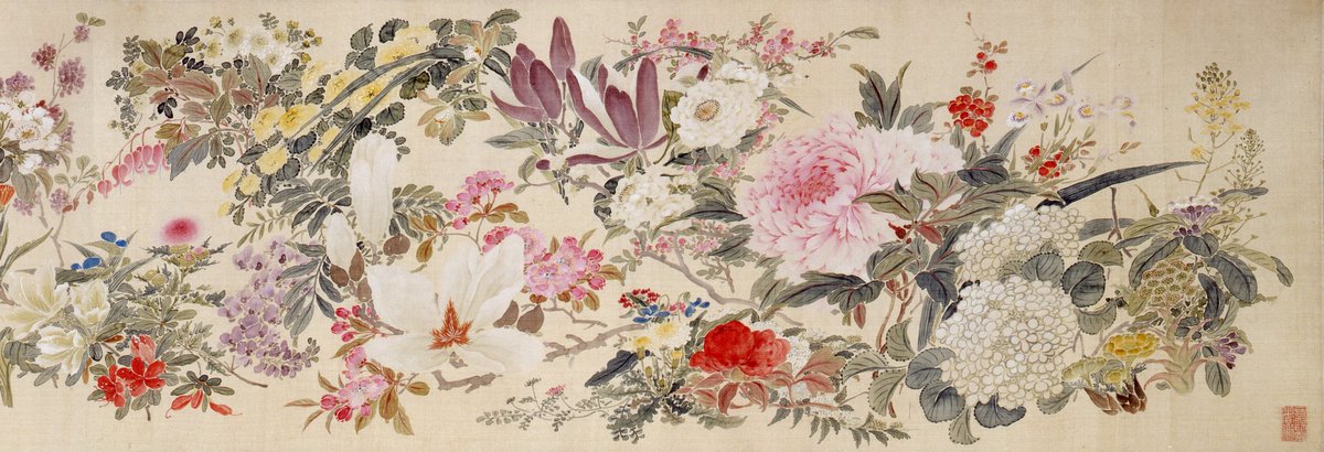 NihonBijutsushi's tweet photo. 田能村 直入　たのむら ちょくにゅう　Tanomura Chokunyū　1814–1907

《百花》
ひゃっか

1869（明治2）年
絹に彩色・巻物1巻
東京・山種美術館 https://t.co/0mMWIHEERD