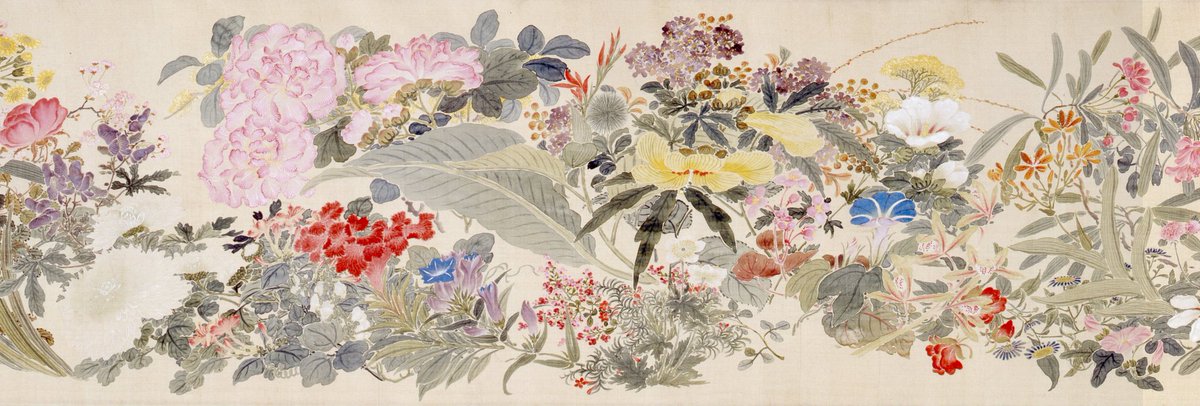 NihonBijutsushi's tweet photo. 田能村 直入　たのむら ちょくにゅう　Tanomura Chokunyū　1814–1907

《百花》
ひゃっか

1869（明治2）年
絹に彩色・巻物1巻
東京・山種美術館 https://t.co/0mMWIHEERD