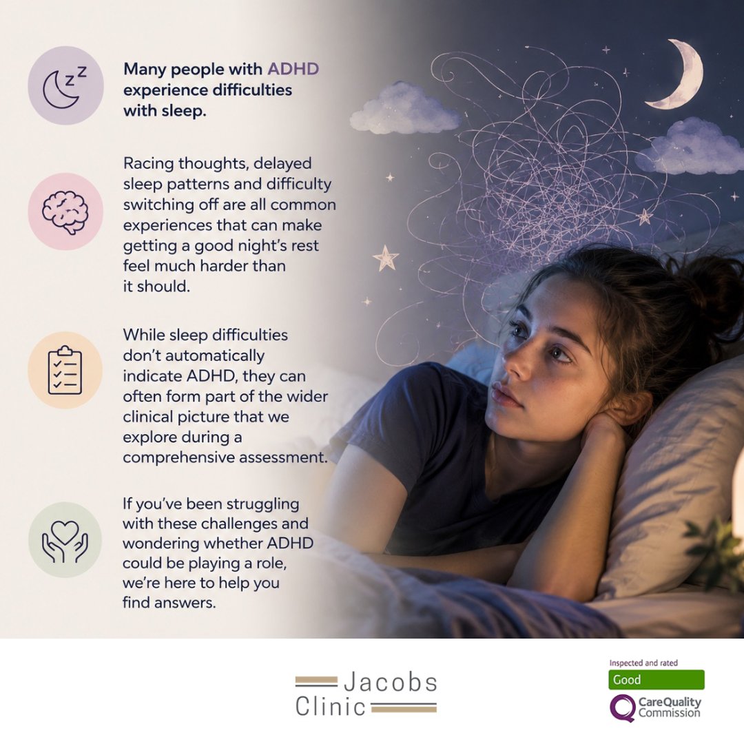 JacobsClinic's tweet photo. Many people with ADHD experience difficulties with sleep.

Racing thoughts, delayed sleep patterns and difficulty switching off are all common experiences that can make getting a good night's rest feel much harder than it should. https://t.co/vYEqcErBxl