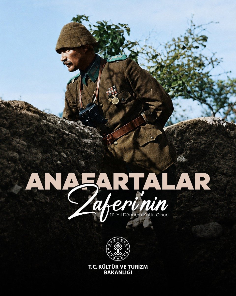 TCKulturTurizm's tweet photo. Anafartalar’da 111 yıl önce kazanılan zafer Çanakkale Kara Muharebeleri’nin dönüm noktalarından biri oldu.

Bu büyük zaferin mimarı Gazi Mustafa Kemal Atatürk’ü ve bu mücadelenin bütün kahramanlarını saygı, rahmet ve minnetle anıyoruz. 🇹🇷 https://t.co/BLuoANrFdy