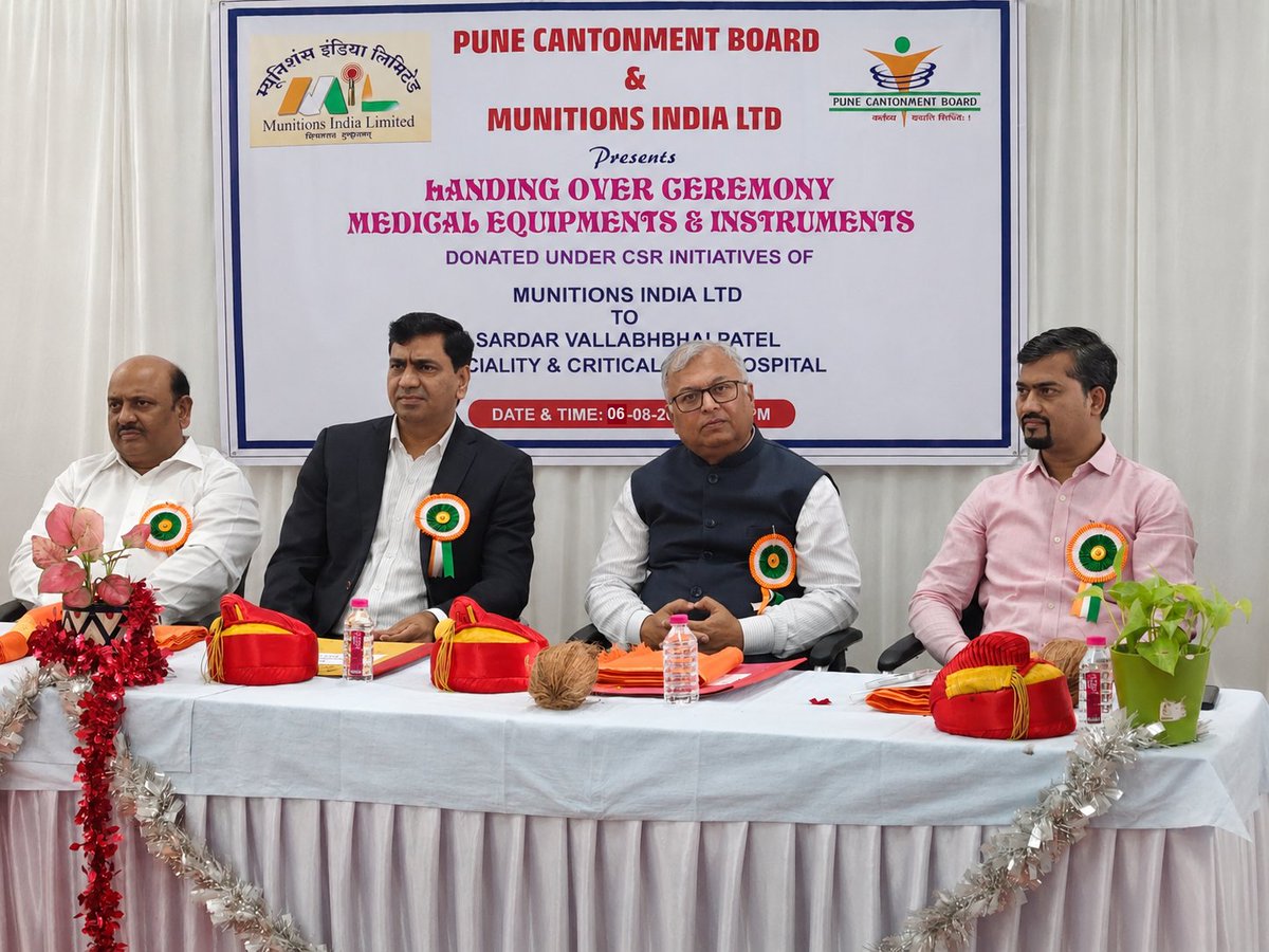 IndiaMunitions's tweet photo. Munitions India Limited (MIL) facilitated the distribution of essential medicines and medical instruments at Sardar Vallabhbhai Patel, Speciality and Critical Care Hospital, Cantonment Board, Pune as part of its CSR activity, with the objective of enhancing the quality of healthcare services, improving patient care and treatment outcomes, and strengthening emergency and critical care services. The initiative supported public health initiatives by promoting preventive and curative healthcare, facilitating access to essential medicines and medical equipment, and reducing the financial burden on patients.
The initiative benefited the civilian population of Pune Cantonment Board and adjoining localities of Pune Municipal Corporation (PMC) by improving access to essential healthcare facilities and supporting timely and effective treatment. 
The initiative was carried out in the presence of distinguished dignitaries from MIL, including Shri N.P. Naik, Director (HR), Shri Sagar Mudhole, Director (Finance) and Shri Gaurav D Malvi, Deputy Director (HR).
Through this initiative, MIL reaffirms its commitment to creating a sustainable social impact, fostering a healthier society, and strengthening its commitment to Corporate Social Responsibility and the welfare of the community.
#CSR #CorporateSocialResponsibility #MunitionsIndiaLimited #MIL #IndiaCSR #NationBuilding