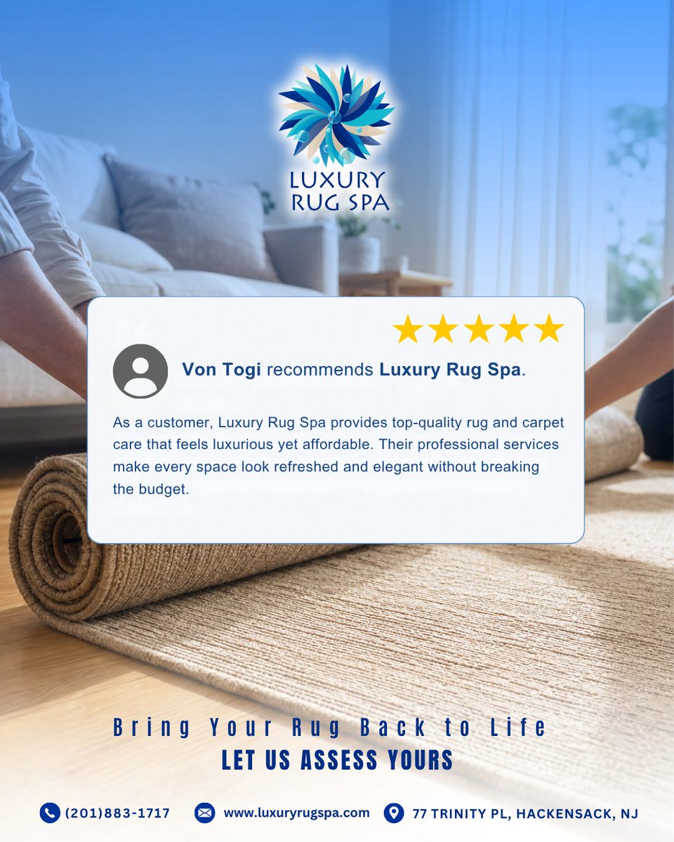 SpaRug80925's tweet photo. Nothing speaks louder than a happy customer! โญ Weโre grateful for every client who trusts us with their rugs & carpets.
Ready to refresh yours?
๐ (201) 883-1717
๐ https://t.co/QXfdAGQxSl
๐ Hackensack, NJ
#LuxuryRugSpa #RugCleaningNJ #CarpetCleaning #HackensackNJ https://t.co/jG8DtD61ny