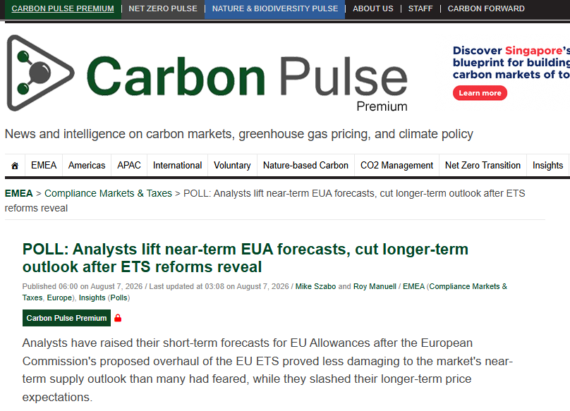 climate_cake's tweet photo. 🎯 Our Q2 2026 #EUA price forecast in @CarbonPulse poll proved highly accurate. We predicted avg. price of €75 vs. €76.54 ICE Endex EUA: https://t.co/CwbZmGZvzS

📊 Our #EUA price outlook:
🔹€85 in Q3 2026
🔹€90 in Q4 2026
🔹€95 in 2027

🔎See more: https://t.co/DiK9y1Kbi0 https://t.co/aXCE03uyAL