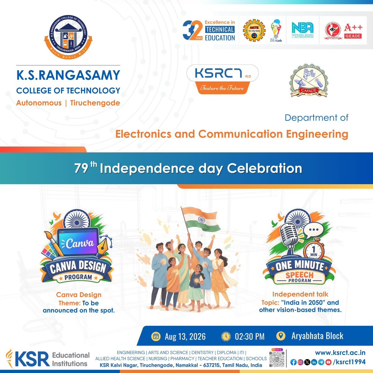 ksrct1994's tweet photo. Celebrating the Spirit of Freedom! 🇮🇳
Let’s celebrate freedom, creativity, innovation, and the vision of a stronger India! 🇮🇳✨
#79thIndependenceDay #IndependenceDay2026 #KSRCT #KSRCT1994 #KSRCTECE #ECE #CanvaDesign #OneMinuteSpeech #IndiaIn2050 #CreativeIndia https://t.co/5rzAX3XQ2G