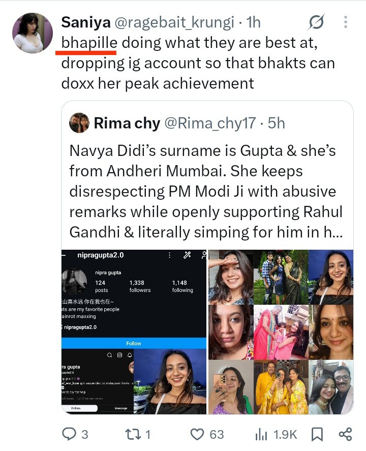 arfxh_'s tweet photo. my girl rima is a minor, she doxxed 25 years old navya aunt because she used to abuse minor girls and India's PM.

now this 41 years old muslim man behind saniya named account is abusing my little girl. https://t.co/ArE2riYpoM