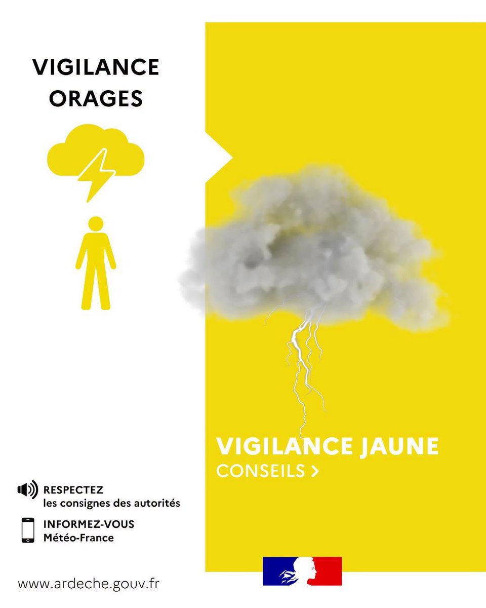 Image de Préfet de l'Ardèche - #VIGILANCE |  🟡⚡ Météo-France place le département de l’Ardèche en vigilance jaune - Orages, ce lun