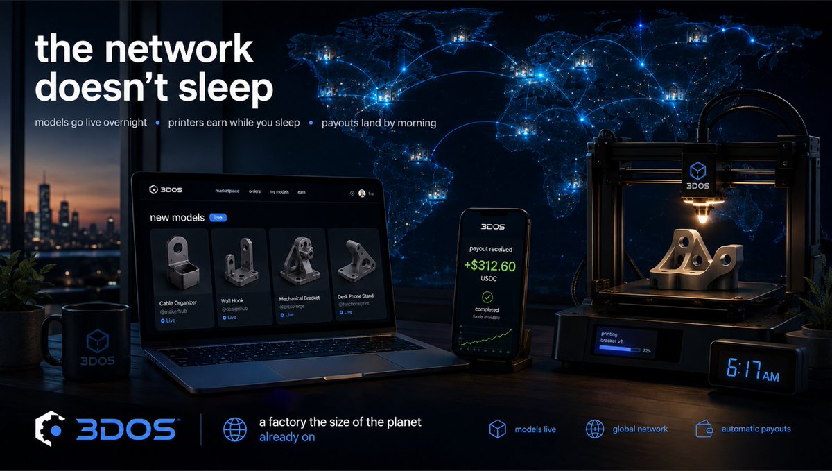 3DOSNetwork's tweet photo. the network doesn’t sleep. printers earning overnight, payouts landing by morning, models going live while you scroll

a factory the size of the planet – and it’s already on https://t.co/QFLoUxNWJW
